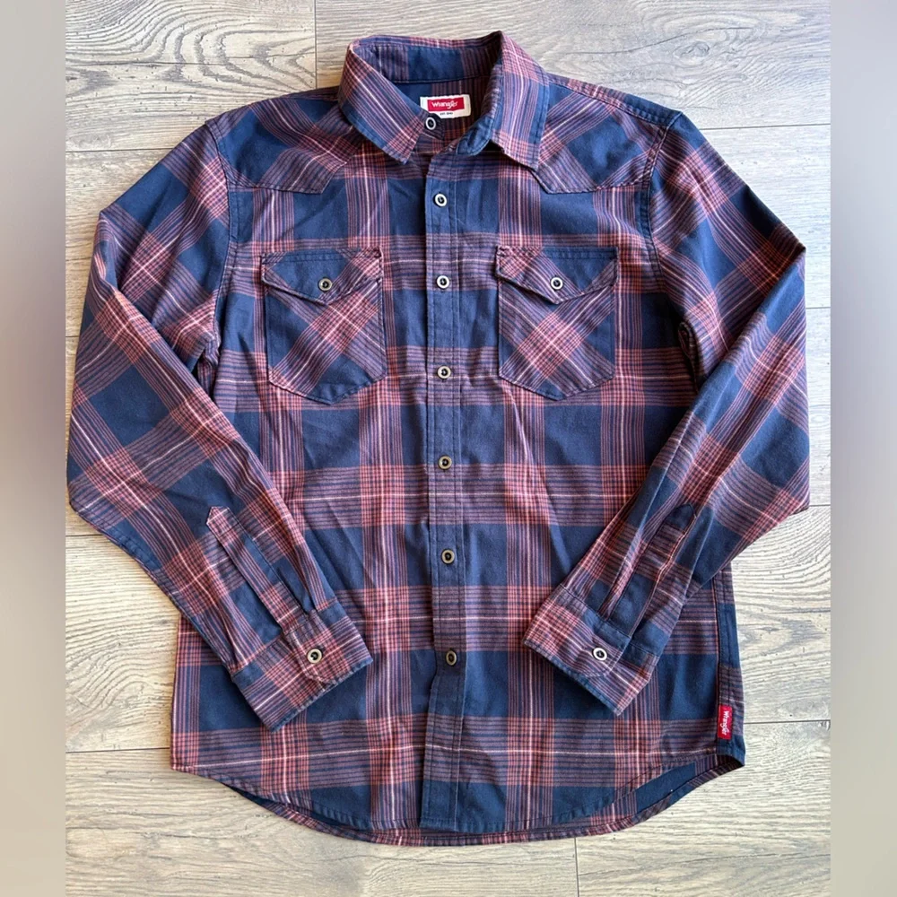 Wrangler Men's Casual Plaid Shirt - Navy and Red - Picture 1 of 6